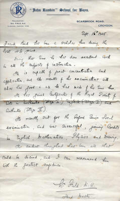 Frank Reid's school-leaving letter