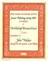 Junior Debating Society 1960 - special award for John Walker