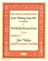 Junior Debating Society 1960 - special award for John Walker