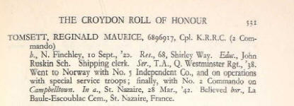 Croydon Roll of Honour - Reginald Thomsett
